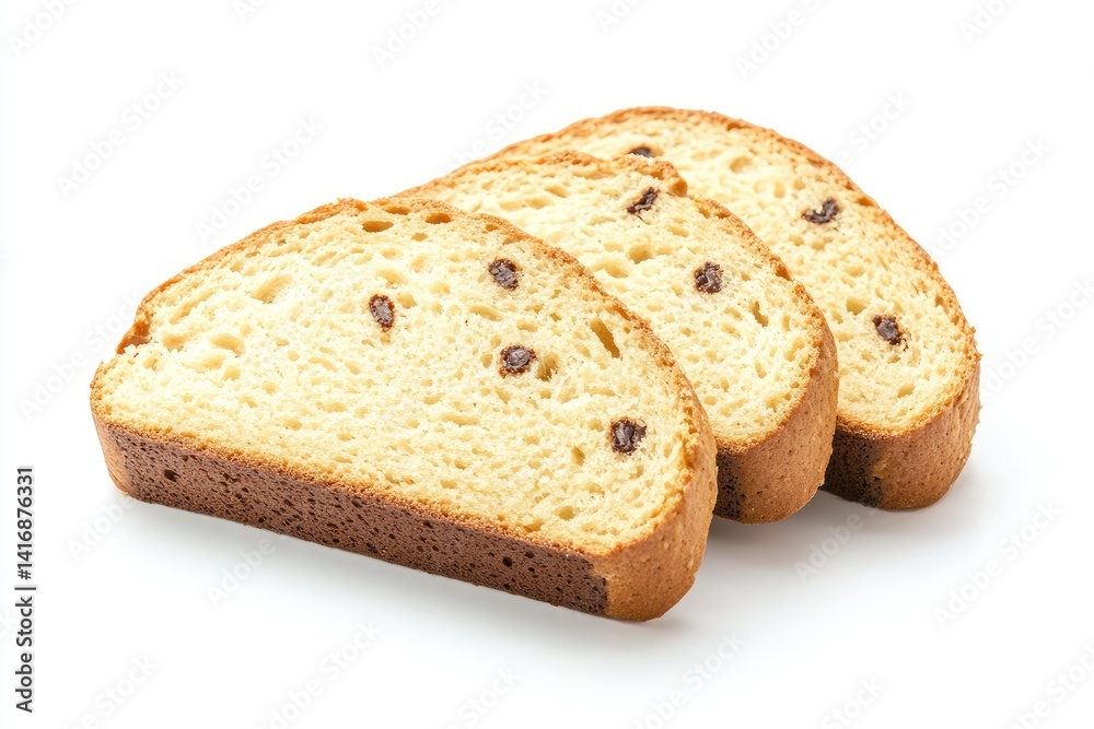 Three slices of raisin bread, slightly toasted, arranged in a triangular formation on a white background Three slices of raisin bread, slightly toasted, arranged in a triangular formation on a white background