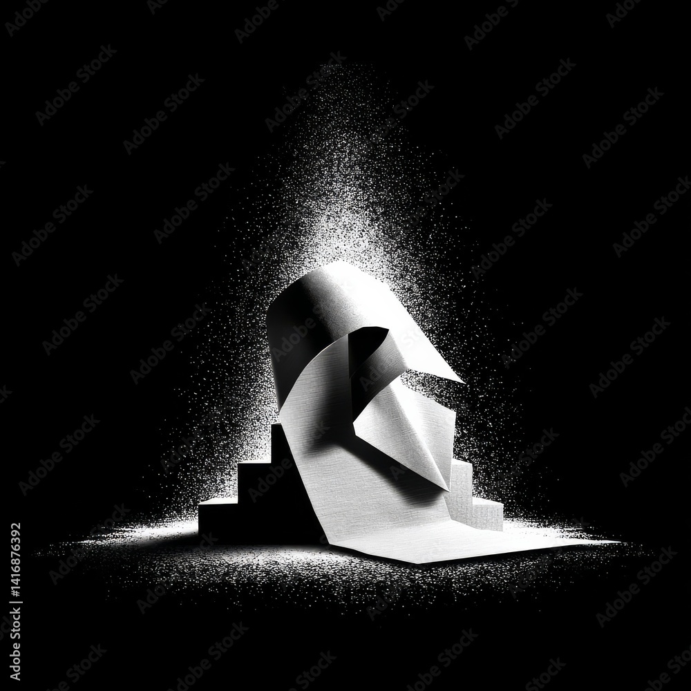 Abstract Paper Sculpture in Black and White, Ethereal Light Showering Down on a Geometric Form