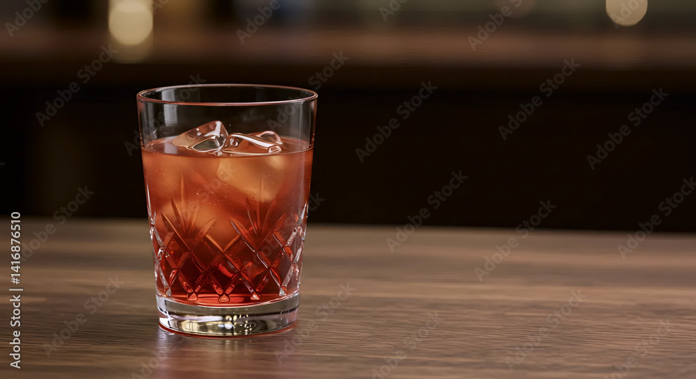 Classic red cocktail, possibly Negroni, in an ornate rocks glass with a large ice cube. Presented on a wooden table surface, dark moody background. Classic red cocktail, possibly Negroni, in an ornate rocks glass with a large ice cube. Presented on a wooden table surface, dark moody background.