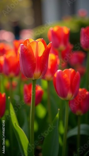 Vibrant tulips blooming in a garden in full spring bloom, spring, background, floral