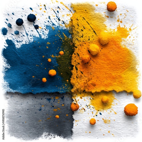 Abstract Watercolor Splatter: An Artistic Study in Color and Texture with Decorative Orange Elements