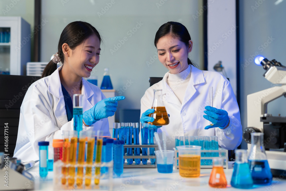 Fototapeta premium Glass vial, pipette and scientist in laboratory for medical study, research or experiment. Test tube, dropper and professional person with chemical liquid for pharmaceutical innovation.