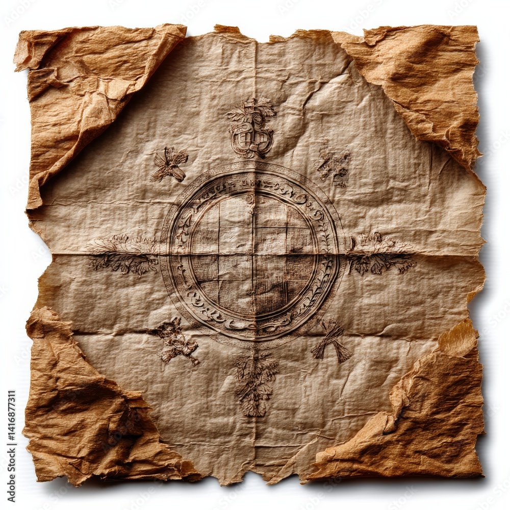 Antique Map Fragment on Crumpled Parchment Paper: Ancient Design and Textured Surface