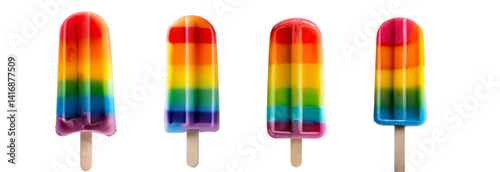 Colorful rainbow popsicles lined up, perfect for summer and sweet treats.