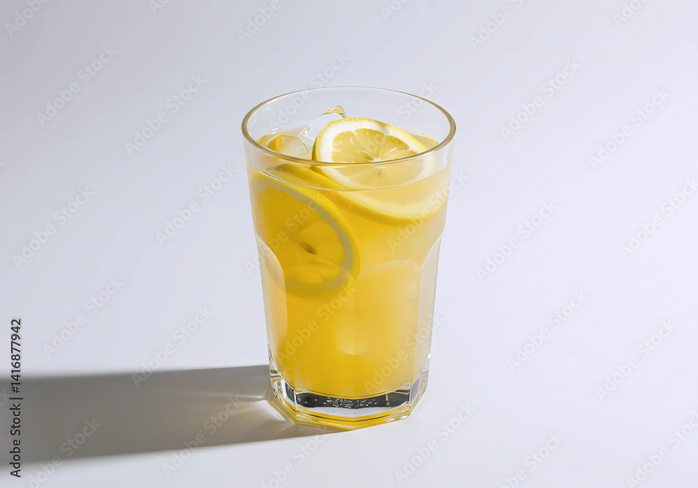 Glass of lemonade or lemon soda with abundant ice and fresh lemon slices. Brightly lit studio shot, refreshing citrus beverage concept. Glass of lemonade or lemon soda with abundant ice and fresh lemon slices. Brightly lit studio shot, refreshing citrus beverage concept.
