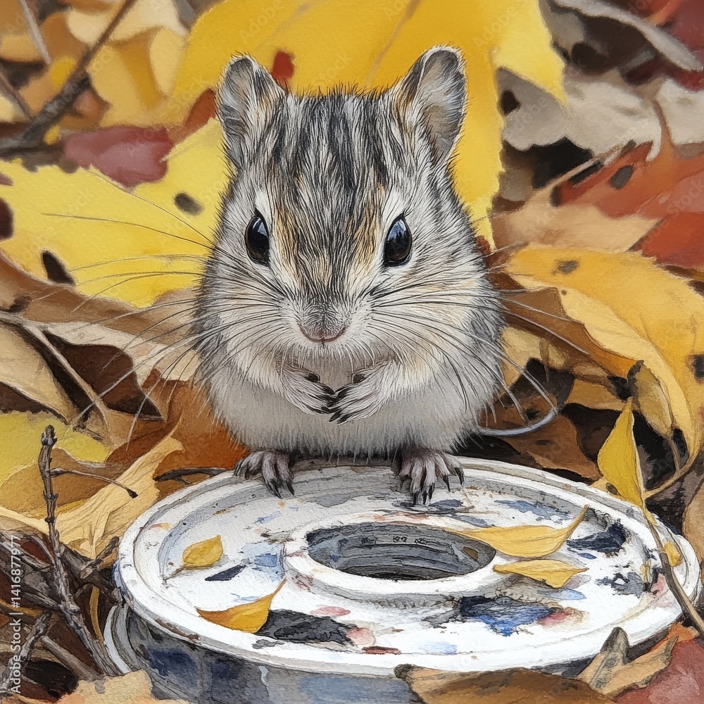 Charming Chipmunk Portrait: Autumn Leaves and Curious Gaze, a Delightful Encounter in Nature's Palette