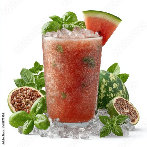 Refreshing Watermelon Basil Drink with Ice Cubes and Fresh Herbs