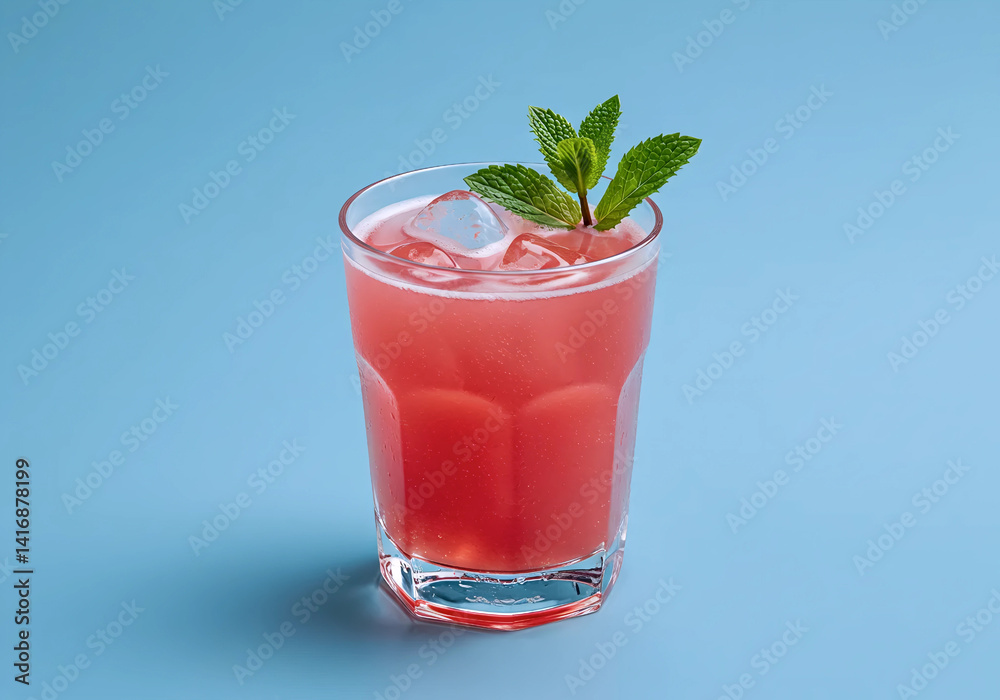 Refreshing pink or red iced drink with mint garnish in a textured glass. Served against a plain light blue background. Vibrant summer beverage studio shot. Refreshing pink or red iced drink with mint garnish in a textured glass. Served against a plain light blue background. Vibrant summer beverage studio shot.