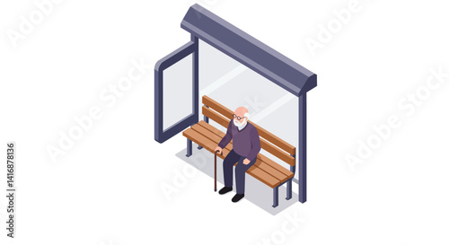 Elderly man sitting alone on wooden bench at modern bus stop shelter minimal isometric flat vector illustration