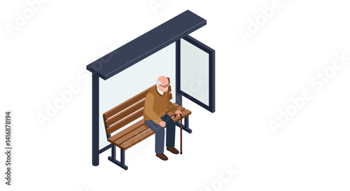 Elderly man sitting on wooden bench at bus stop waiting patiently flat design vector illustration