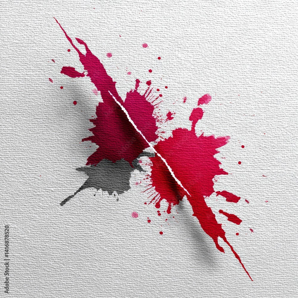 Crimson Divide: An Abstract Watercolor Splatter with Sharp Separation on Textured Paper, Blending Precision and Spontaneity