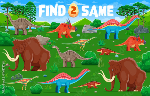 Find two prehistoric dinosaurs, kids game worksheet. Boardgame riddle with dino and mammoths in vibrant landscape. Fun educational activities for children is to find matching identical dino pairs