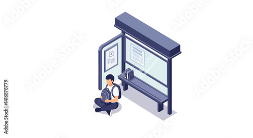 Young man sitting alone at bus stop shelter reading book in minimal isometric style vector illustration