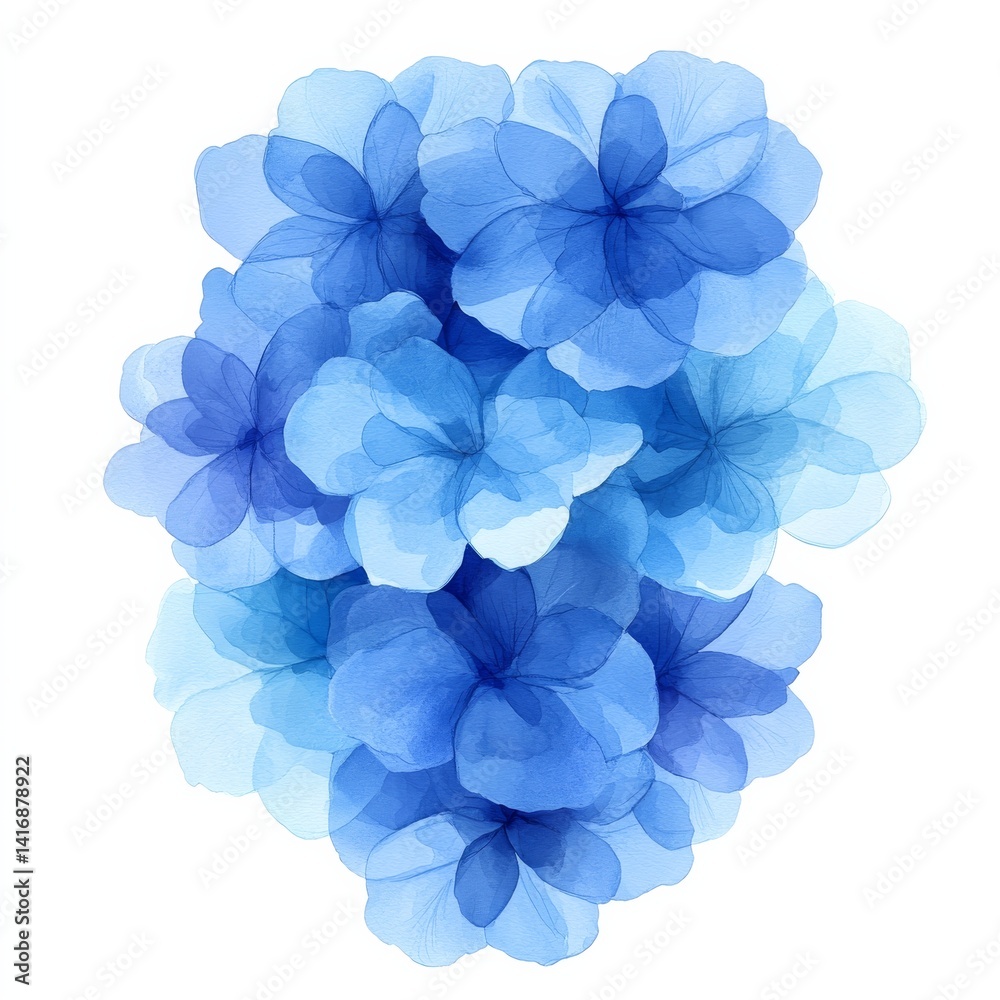 Elegant Watercolor Blue Flowers Bouquet Illustration on White Background.
