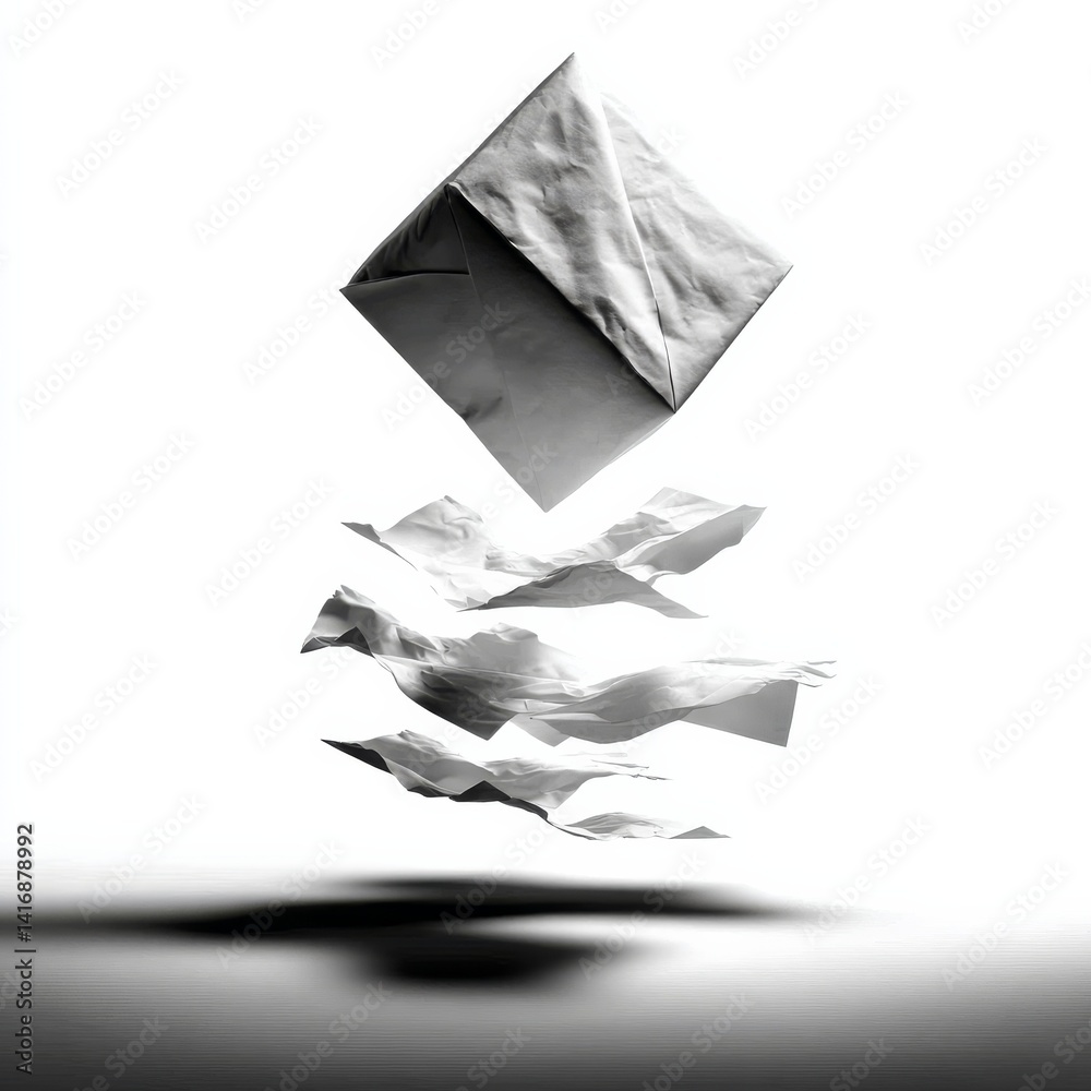 Ephemeral Forms: A Study of Floating Fabric in a Minimalist Black and White Composition.