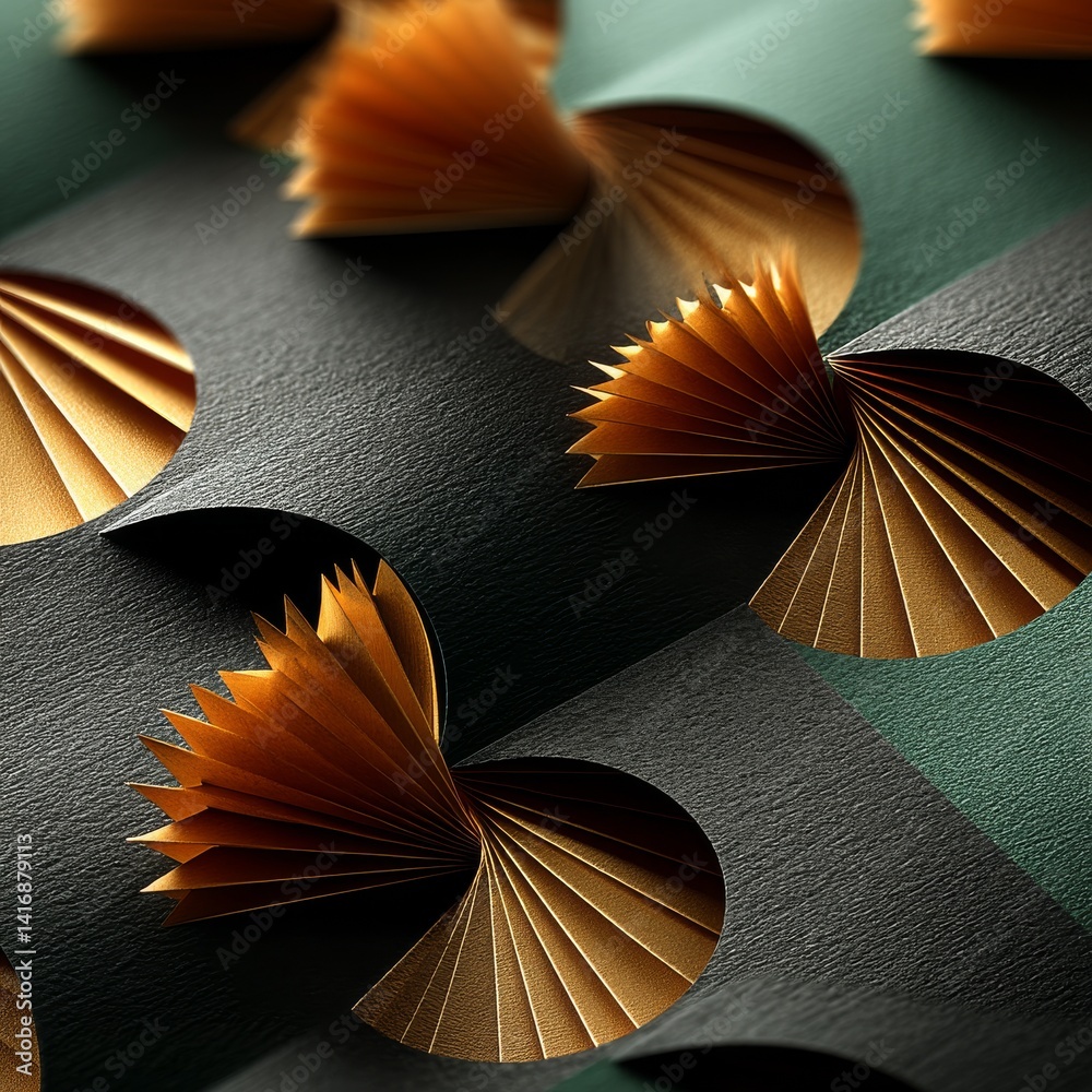 Geometric Origami: Abstract Gold and Dark Paper Art, Play of Light and Shadow, Decorative Design
