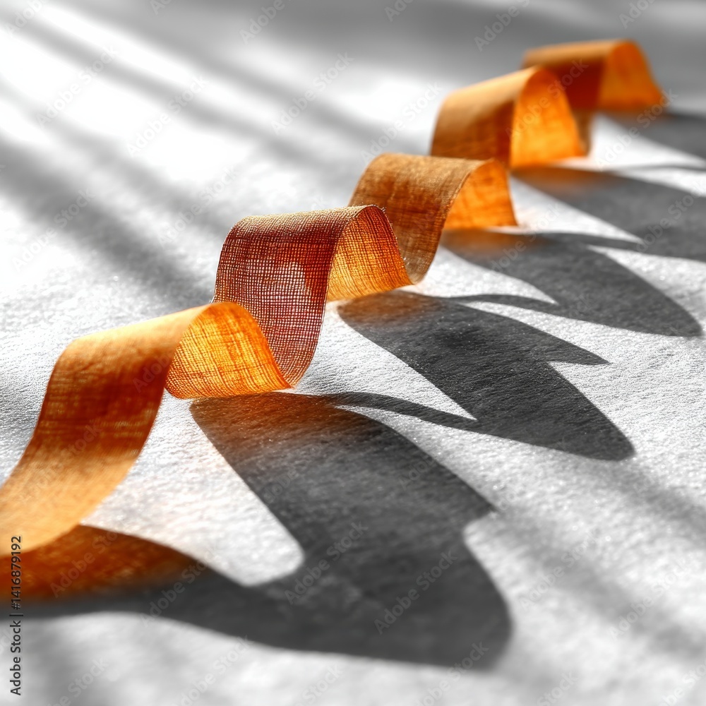 Golden Ribbon's Shadow Play: A Study in Light and Form on Textured Paper, Evoking a Sense of Elegance and Minimalist Beauty