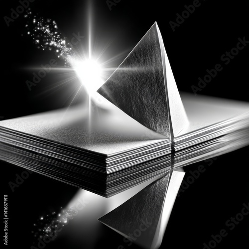 Obraz na płótnie Geometric Revelation: A Silver Paper Pyramid Ascends from Stack, Illuminated by a Burst of Light on a Dark Reflective Surface w salonie