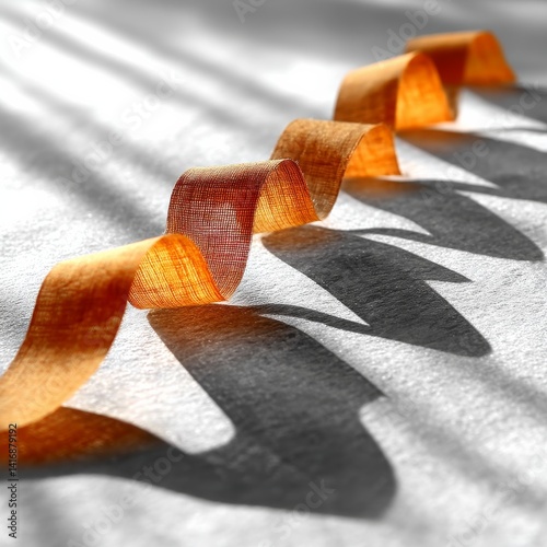Golden Ribbon's Shadow Play: A Study in Light and Form on Textured Paper, Evoking a Sense of Elegance and Minimalist Beauty