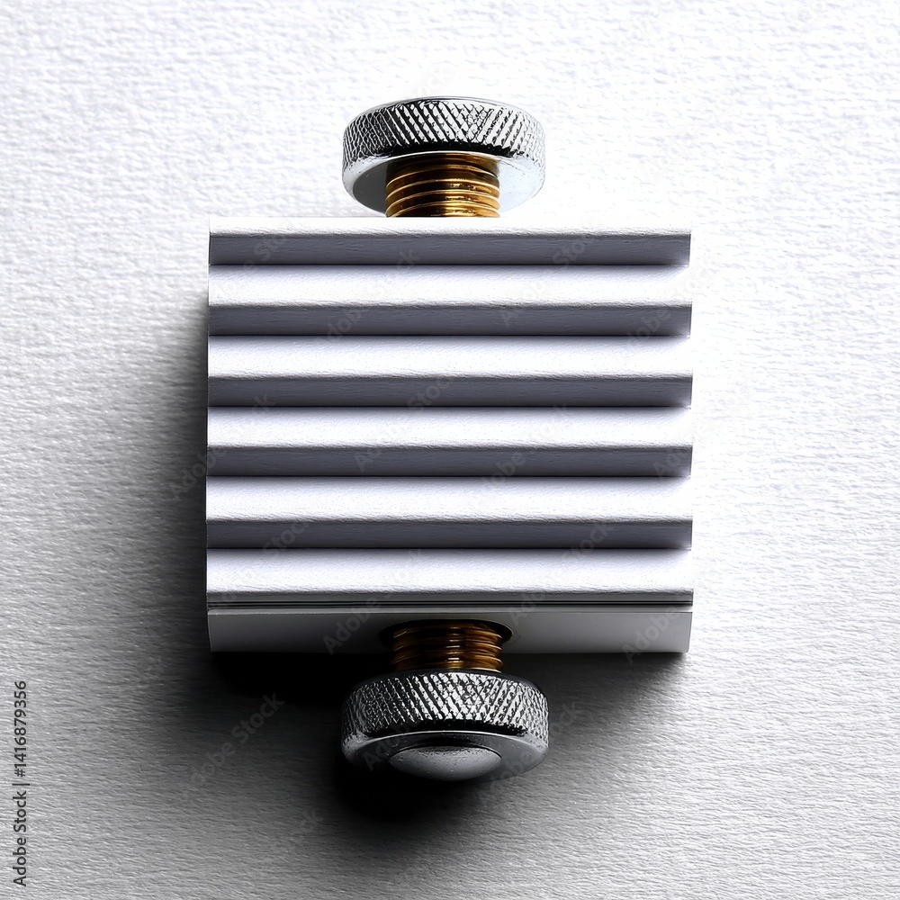 Macro Close-Up of Metallic and White Structure with Knurled Knobs on Textured Gray Background