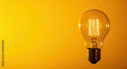 Lightbulb with glowing filament on orange background