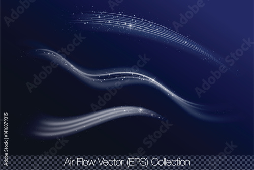 Flow of cooled air with white elements of cold glow, vector (EPS) isolated illustration set on transparent background. Wind, air flow, conditioned air, air ventilation and climatic comfort set