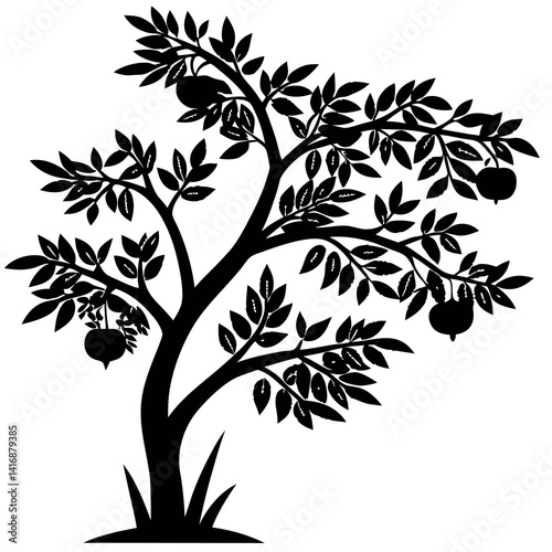 Pomegranate tree icon silhouette vector with white background. 