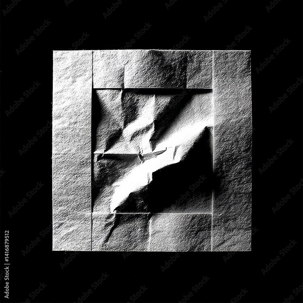 Monochrome Relief: Abstract Study of Crumpled Paper in Frame of Light and Shadow on a Black Background