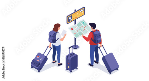 Two travelers with backpacks and rolling suitcases checking flight information at airport terminal flat design vector illustration