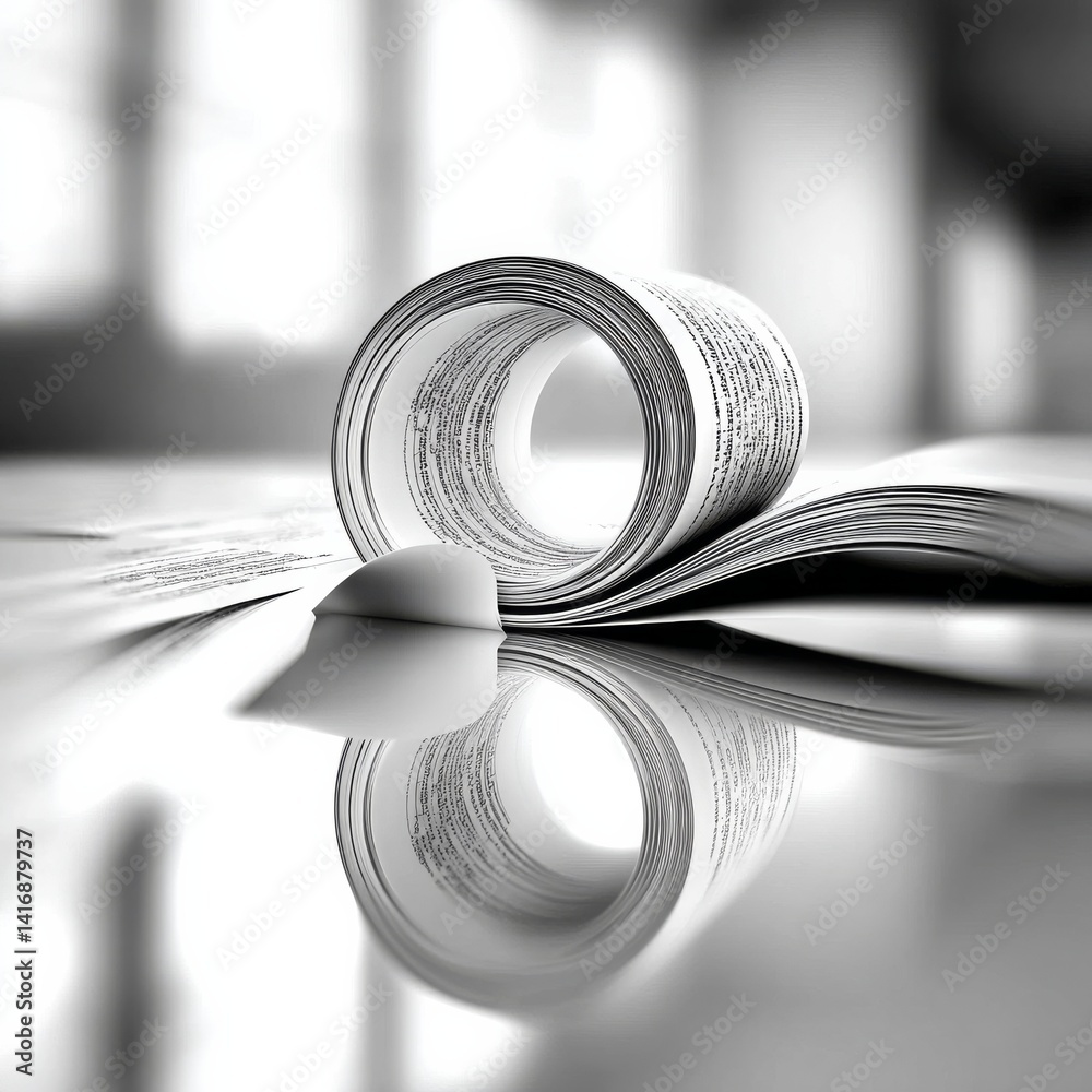 Rolled Manuscript Reflection: A Black and White Abstraction of Knowledge and Scholarly Pursuit with Textured Detail