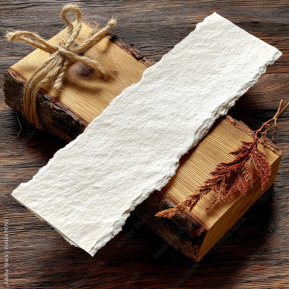 Rustic Still Life: Handmade Paper on Wooden Blocks with Twine and Dried Leaves, a Natural Aesthetic