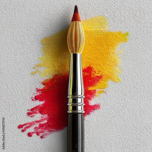 Paintbrush with Red and Yellow Pigment on Textured White Surface, a Creative Artistic Display.