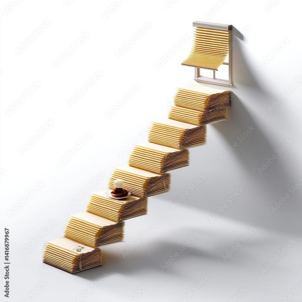 Stairway to Window: A Conceptual Journey of Elevation, Light, and Sweet Interludes in Minimalist White Space.