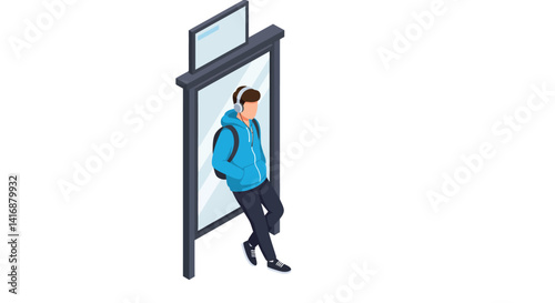 Young man wearing headphones leaning on a modern bus stop shelter in minimal flat design vector illustration