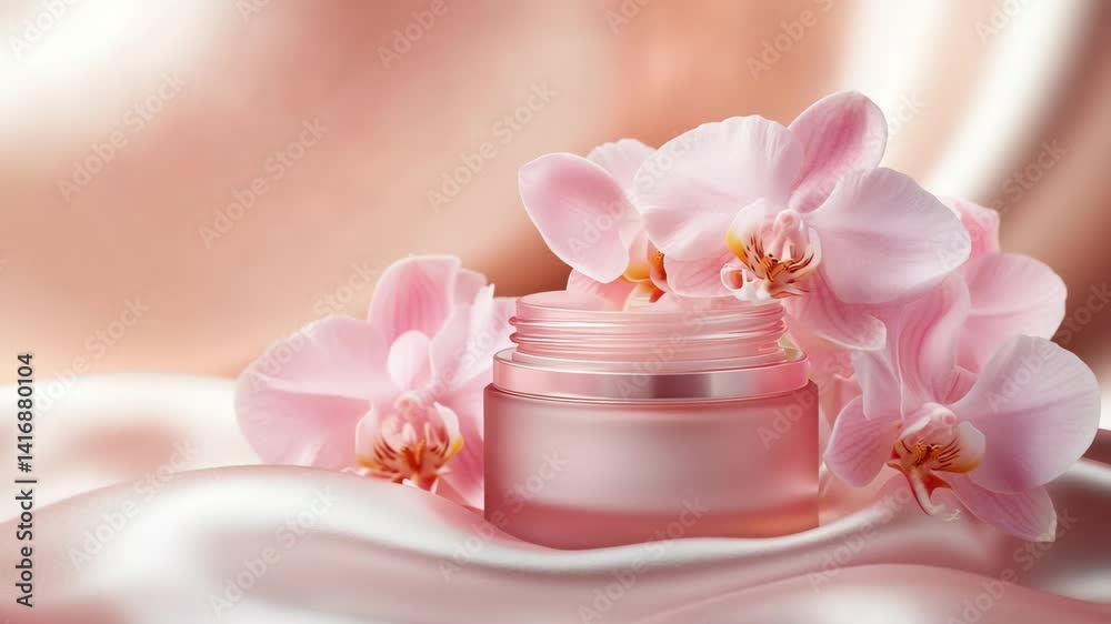 A jar of cream is on a table with a bunch of pink flowers. The flowers are arranged in a way that they are not overlapping the jar of cream A jar of cream is on a table with a bunch of pink flowers. The flowers are arranged in a way that they are not overlapping the jar of cream