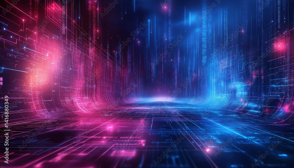 Neon Digital Data Stream - Futuristic Cyber Network Background Neon Digital Data Stream - Futuristic Cyber Network Background
