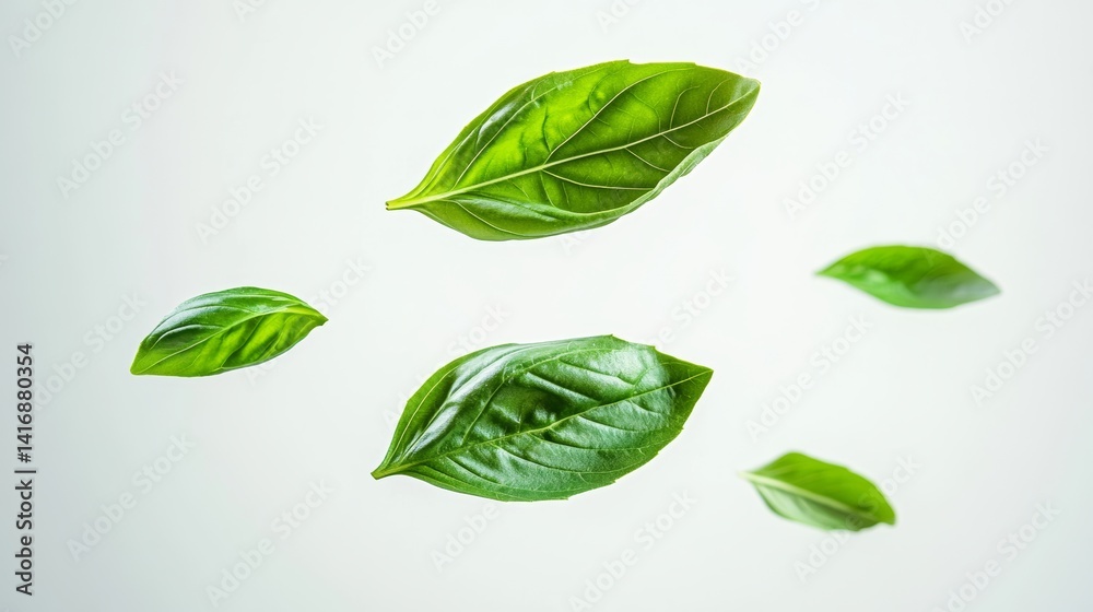 Obraz premium Leafy green plant is shown in the air, with four leaves visible. Concept of growth and vitality, as the leaves are in motion and appear to be floating. The white background adds a sense of contrast