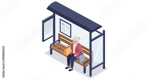 Elderly woman sitting on a wooden bench under a modern bus stop shelter in flat isometric design vector illustration