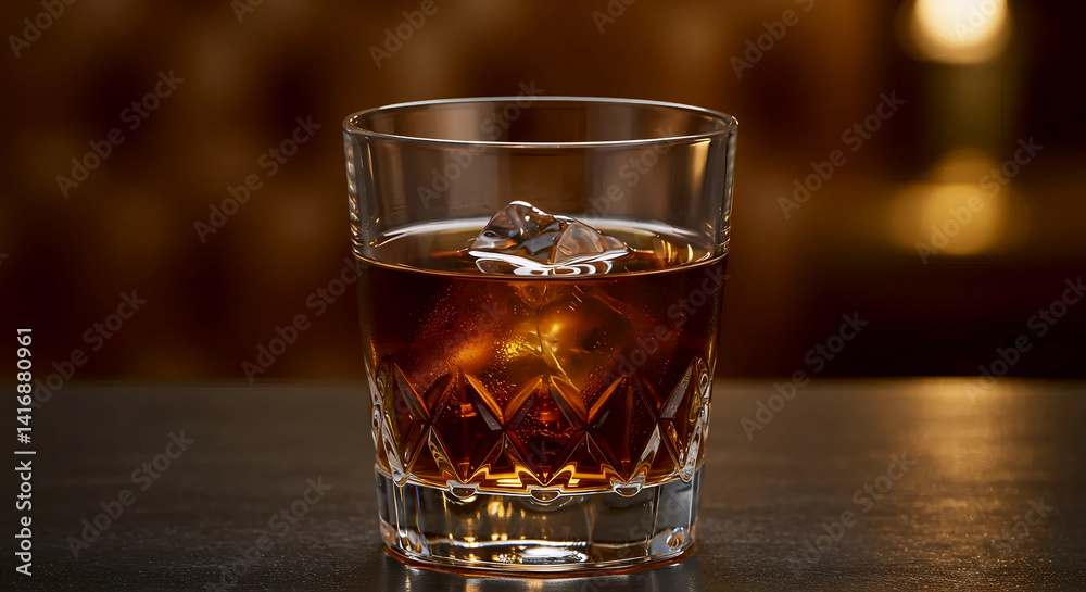 Glass of whiskey, bourbon or dark spirit with ice cubes on wooden table. Warm ambient light from blurred background creates cozy, inviting atmosphere. Glass of whiskey, bourbon or dark spirit with ice cubes on wooden table. Warm ambient light from blurred background creates cozy, inviting atmosphere.