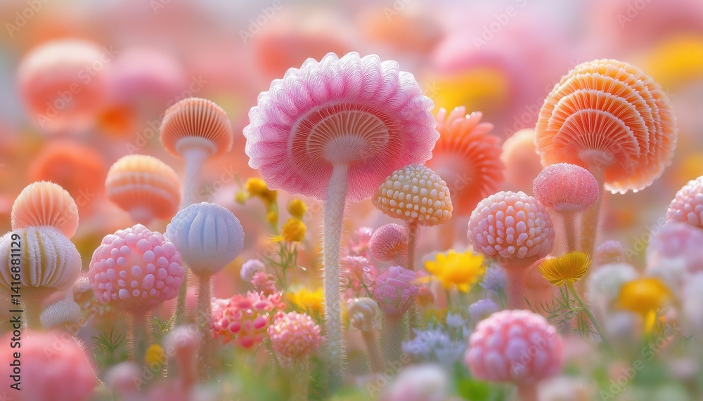Naklejka premium Pastel Fantasy Mushrooms in Dreamy Field - Colorful Fungi Garden Nature