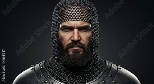 Man in chainmail armour looking at the viewer. Medieval knight concept with chain mail hauberk for book cover illustration. Historical art reconstruction and european heritage themes. photo