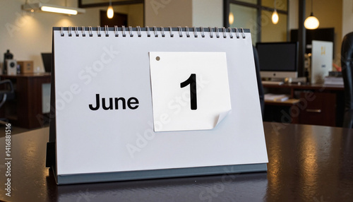 Calendar on June 1st in modern office interior with workspace and computers