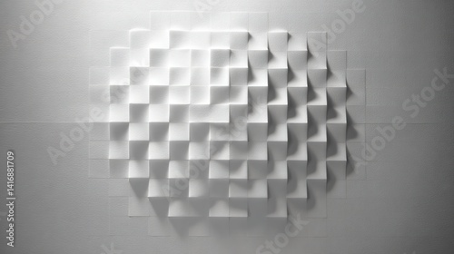 Minimalist 3D printed wall art with geometric white square pattern on textured paper, soft shadows and subtle reflections, high-resolution studio photography