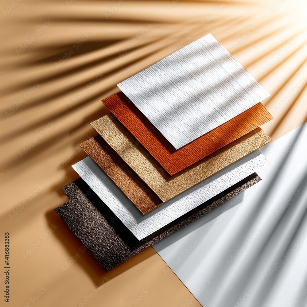Textured Material Swatches Displayed in Warm Lighting with Shadows, Showcasing Earth Tones and a Modern, Artistic Composition