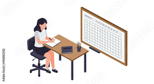 Woman working at office desk with documents and digital tablet in modern flat style vector illustration