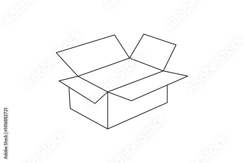 Minimal line art of open cardboard box with trailing line