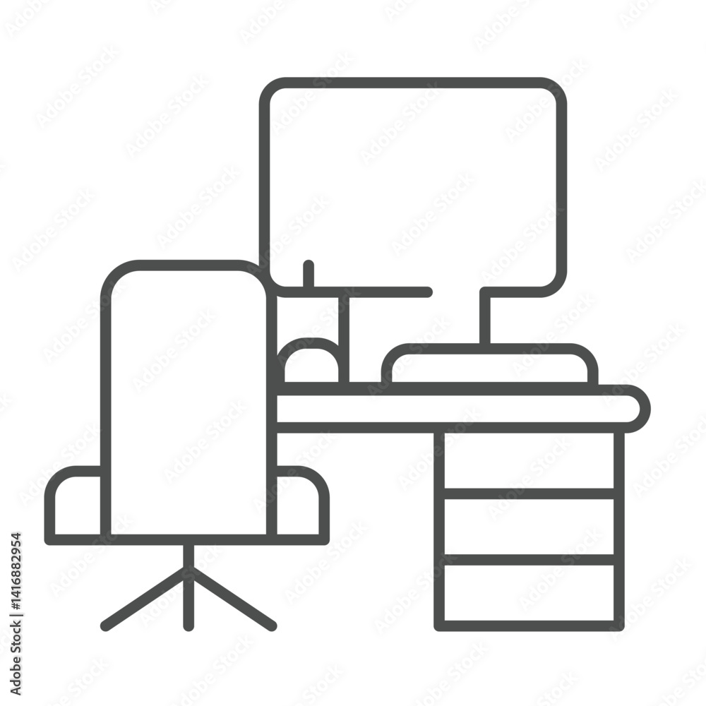 Desk with chair and desktop thin line icon, remote work concept. Vector graphics. Personal workplace with computer sign on white background, linear style icon for mobile or web design. Desk with chair and desktop thin line icon, remote work concept. Vector graphics. Personal workplace with computer sign on white background, linear style icon for mobile or web design.