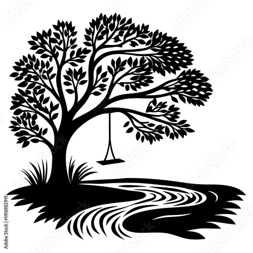Tree near river icon silhouette vector with white  background