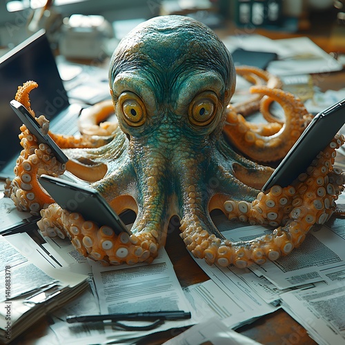 Smart Octopus Running Office Tasks Using Documents and Electronics photo