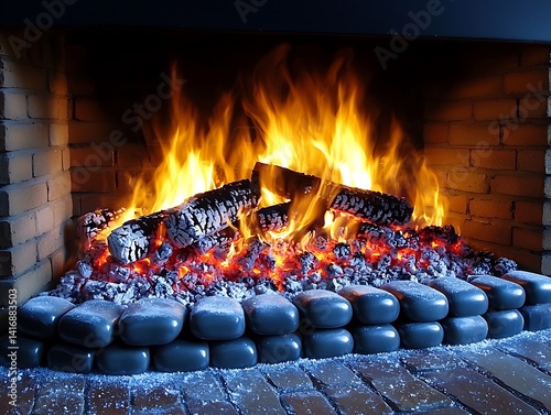 Intense fireplace blaze with glowing embers.
